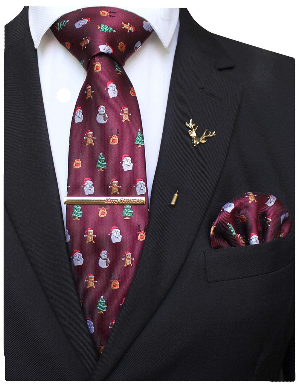 3801 Festival Silk Necktie Burgundy Santa Claus Snowman Christmas Tie
